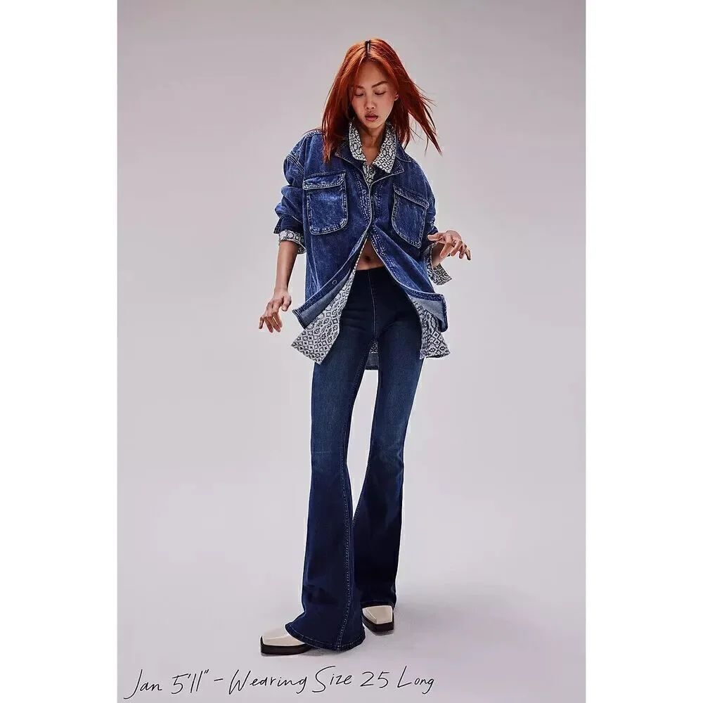 FREE PEOPLE PENNY PULL ON FLARE Womens Size 30 Blue Stretch Denim Boho Jeans